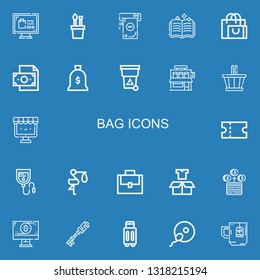 Editable 22 bag icons for web and mobile. Set of bag included icons line Online shopping, Pencil case, Money, Spellbook, Shopping bag, Money Trash, Shop on blue background