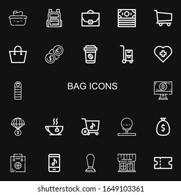 Editable 22 Bag Icons For Web And Mobile. Set Of Bag Included Icons Line Wet Wipes, Backpack, Case, Money, Shopping Cart, Shopping Bag, Coffee, Trolley, Hospital On Black Background