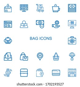 Iconos editables de 22 bolsas para web y móvil. Conjunto de bolsos incluidos íconos línea Paquete, Tienda en línea, Trole, Café, Dinero, Bolso, Chips, Mochila, Negocios, Impuestos sobre fondo blanco