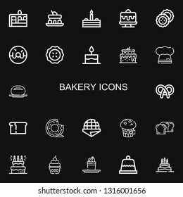 Editable 22 bakery icons for web and mobile. Set of bakery included icons line Cake, Biscuits, Donut, Pie, Chef, Bun, Pretzel, Bread, Stroopwafel, Muffin, Cupcake on black background