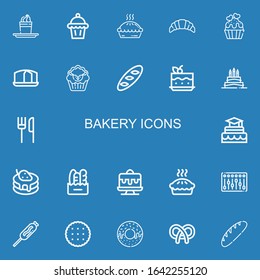 Editable 22 bakery icons for web and mobile. Set of bakery included icons line Pudding, Muffin, Pie, Croissant, Cupcake, Sponge cake, Bread, Cake, Birthday cake on blue background