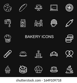 Editable 22 bakery icons for web and mobile. Set of bakery line icons including:  Cookie, Bread, Cake, Chalkboard, Pie, Mixer, Food, Restaurant, Stroopwafel, Rolling pin on black background