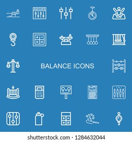 Editable 22 balance icons for web and mobile. Set of balance included icons line Fitness, Equalizer, Levels, Monocycle, Yoga, Scale, Calculator, Pendulum, Momentum on blue background