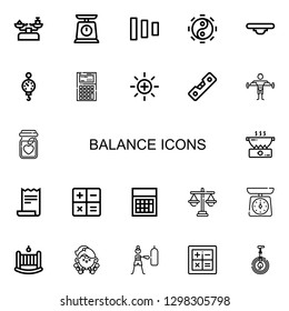 Editable 22 balance icons for web and mobile. Set of balance included icons line Scale, Fade buttons, Taoism, Balance, Steelyard, Calculator, Level, Fitness on white background