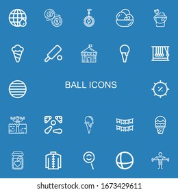 Editable 22 ball icons for web and mobile. Set of ball included icons line Earth grid, Billiard, Unicycle, Ice cream, Sand bucket, Cricket, Circus, Momentum on blue background
