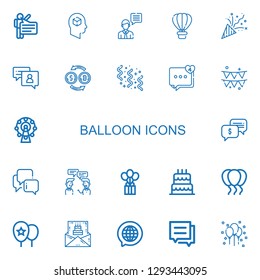 Editable 22 balloon icons for web and mobile. Set of balloon included icons line Speech, Thinking, Chat, Hot air balloon, Confetti, Conversion, Comment, Party on white background