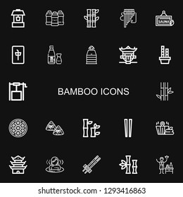Editable 22 bamboo icons for web and mobile. Set of bamboo included icons line Well, Acrylic, Bamboo, Panpipe, Sauna, Mahjong, Sake, Pagoda, Baozi, Zongzi on black background