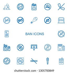 Editable 22 ban icons for web and mobile. Set of ban included icons line Blocks, No phones, Cigarette, No smoking, No calls, Smoking, Weapon, camera, parking on white background