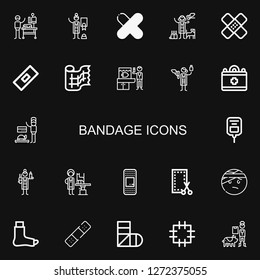 Editable 22 bandage icons for web and mobile. Set of bandage included icons line Veterinarian, Patch, Plaster, Bandage, Gauze, Medical, Saline, Injured, Broken leg on black background