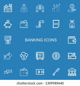 Editable 22 banking icons for web and mobile. Set of banking included icons line Cash register, Money bag, Profit, Money, Piggy bank, Wallet, Loan, Bill, Atm on blue background
