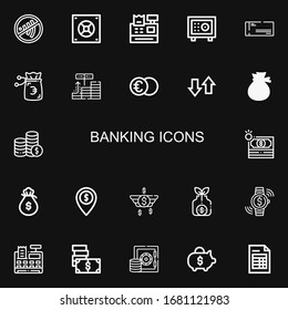 Editable 22 banking icons for web and mobile. Set of banking included icons line Sign, Safebox, Cash register, Cheque, Money, Investment, Euro, Transfer, Coins on black background