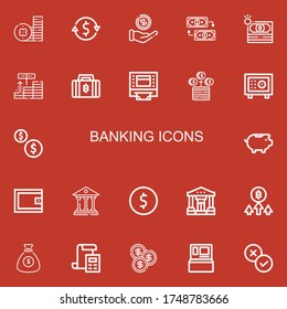 Editable 22 iconos bancarios para web y móvil. Conjunto de banca incluye iconos línea Moneda, Cambio de divisas, Dinero, Cambio, Inversión, Bitcoin, Atm, Safebox sobre fondo rojo