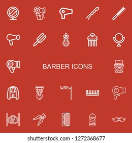 Editable 22 barber icons for web and mobile. Set of barber included icons line Mirror, Hair dryer, Hairpin, Comb, Hair straightener, Hairdryer, Disguise, Wig on red background