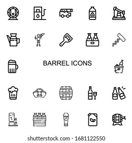 Editable 22 barrel icons for web and mobile. Set of barrel included icons line Beer, Gas station, Cannon, Gas, Oil, Pirate, Bottle opener, Corkscrew, Pirates on white background
