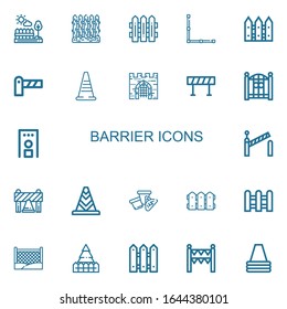 Bearbeitbare 22 Barrieresymbole für Web und Mobile. Satz Barriere inbegriffen Ikonen Linie Zäune, ZZäune, Barrier, Verkehrkegel, Tor, Barricade, Sicherheitsgate, Kon auf weißem Hintergrund