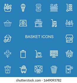 Bearbeitbare 22 Korbsymbole für Web und Mobile. Set Set mit den Symbolen Linie Picnic, Hot Air Ballon, Waste, Segovia, Trolley, Basket, Online-Shopping, Mall auf blauem Hintergrund