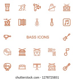 Editable 22 bass icons for web and mobile. Set of bass included icons line Timpani, Music, Fishing, Cowbell, Drum, Accordion, Acoustic guitar, Blaster, Electric guitar on white background