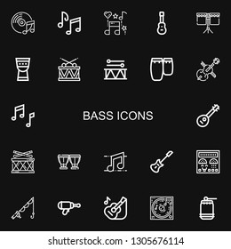 Editable 22 bass icons for web and mobile. Set of bass included icons line Music, Music notes, Acoustic guitar, Drum, Timpani, Conga, Cello, Mandolin, Electric guitar on black background