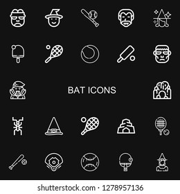 Editable 22 bat icons for web and mobile. Set of bat included icons line Frankenstein, Witch, Baseball, Dracula, Table tennis, Tennis, Cricket, Cave, Baseball field on black background