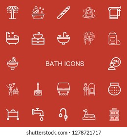 Editable 22 bath icons for web and mobile. Set of bath included icons line Shower, Bath, Nail file, Sauna, Towel, Bathtub, Sink, Tap, Deodorant, Room service on red background