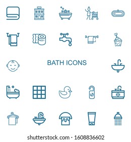 Editable 22 bath icons for web and mobile. Set of bath included icons line Towel, Hotel, Bath, Room service, Toilet paper, Water tap, Bucket, Baby boy, Sink on white background