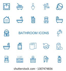 Editable 22 bathroom icons for web and mobile. Set of bathroom included icons line Sink, Bath, Trowel, Showers, Woman, Real estate, Spray bottle, Girl, Water tap on white background