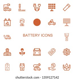 Editable 22 battery icons for web and mobile. Set of battery included icons line Electric car, Solar panel, Charge, Flashlight, Battery, Mechanic, Ecology on white background