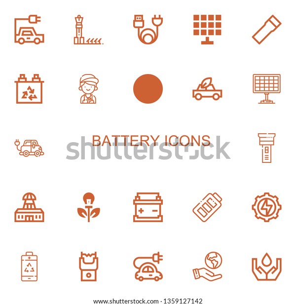 Editable 22 battery\
icons for web and mobile. Set of battery included icons line\
Electric car, Solar panel, Charge, Flashlight, Battery, Mechanic,\
Ecology on white\
background