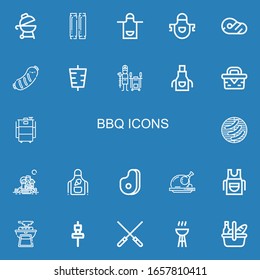 Editable 22 bbq icons for web and mobile. Set of bbq included icons line Grill, Sausage, Apron, Meat, Kebab, Tandoor, Picnic, Barbecue, Roast chicken, Bbq, Skewer on blue background