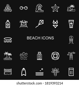 Editable 22 beach icons for web and mobile. Set of beach included icons line Pool, Sunglasses, Skimboard, Starfish, Beach, Sun cream, Hammocks, Kite, Bikini on black background