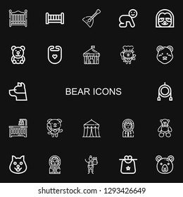 Editable 22 bear icons for web and mobile. Set of bear included icons line Baby bed, Crib, Balalaika, Baby, Sloth, Teddy bear, Bib, Circus, Dog, Polar on black background