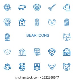 Editable 22 bear icons for web and mobile. Set of bear included icons line Dog, Bison, Balalaika, Bib, Baby, Bear, Eskimo, Koala, Circus, Hedgehog, Sloth, Teddy on white background