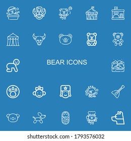 Editable 22 bear icons for web and mobile. Set of bear included icons line Dog, Bison, Circus, Kindergarten, Buffalo, Bear, Teddy Baby, Arctic, Animal on blue background