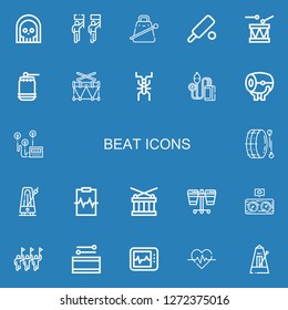 Editable 22 beat icons for web and mobile. Set of beat included icons line Death, Parade, Cowbell, Cricket, Drum, Pressure, Heart rate, Metronome, Cardiogram on blue background