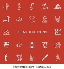 Editable 22 beautiful icons for web and mobile. Set of beautiful included icons line Bamboo, Flower, Musical note, Unicorn, Lotus temple, Duck, Coffee pot, Kiss on red background