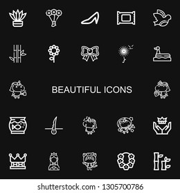 Editable 22 beautiful icons for web and mobile. Set of beautiful included icons line Fern, Bouquet, Heels, Makeup remover, Dove, Bamboo, Flower, Bow, Dandelion on black background