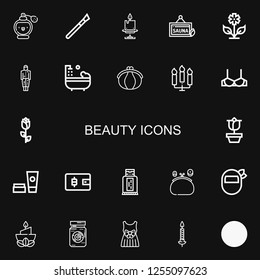 Editable 22 beauty icons for web and mobile. Set of beauty included icons line Perfume, Makeup, Candle, Sauna, Flower, Dress, Bathtub, Purse, Candles, Brassiere on black background