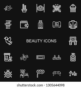 Editable 22 beauty icons for web and mobile. Set of beauty included icons line Dove, Bamboo, Saloon, Butterfly, Comb, Wallet, Sunblock, Soap, Jacket, Vanity on black background