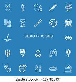 Editable 22 beauty icons for web and mobile. Set of beauty included icons line Bikini, Dress, Pigeon, Comb, Bamboo, Perfume, Fashion, Makeup, Mask, Butterfly on blue background