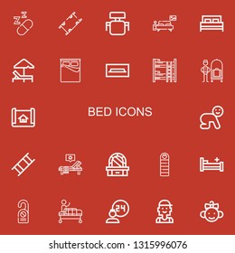 Editable 22 bed icons for web and mobile. Set of bed included icons line Sleeping, Stretcher, Desk chair, Bedroom, Bed, Sunbed, Tv table, Bunk Bellhop, House plan on red background