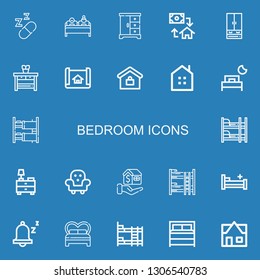 Editable 22 bedroom icons for web and mobile. Set of bedroom included icons line Sleeping, Double bed, Closet, Mortgage, Nightstand, House plan, Real estate on blue background