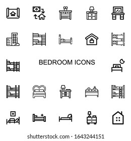 Editable 22 bedroom icons for web and mobile. Set of bedroom included icons line House plan, Mortgage, Nightstand, Vanity, Real estate, Bunk bed, Bed, Double bed on white background