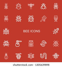 Editable 22 bee icons for web and mobile. Set of bee included icons line Grasshopper, Beetle, Locust, Insect, Fleas, Honey, Ladybug, Bee, Worm, Ant, Beehive on red background