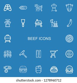 Editable 22 beef icons for web and mobile. Set of beef included icons line Ribs, Salami, Grill, Barbecue grill, Cow, Bbq, Spatula, Churrasco, Sausage, Barbecue on blue background