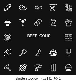 Editable 22 beef icons for web and mobile. Set of beef included icons line Sausage, Meat, Salami, Grill, Churrasco, Barbecue grill, Bbq, Beef chow fun, Bacon on black background