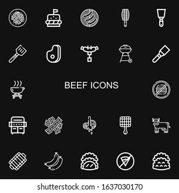 Editable 22 beef icons for web and mobile. Set of beef included icons line Beef chow fun, Burger, Barbecue, BBQ grill, Spatula, Meat, Sausage, Barbecue grill on black background