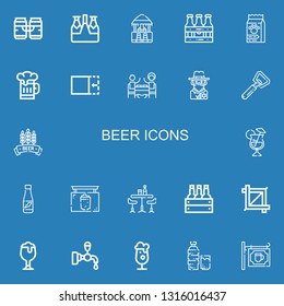 Editable 22 beer icons for web and mobile. Set of beer included icons line Beer, Bar, Beers, Food, Crop, Restaurant, Cowboy, Bottle opener, Cocktail, Drink on blue background