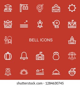 Editable 22 bell icons for web and mobile. Set of bell included icons line Education, Hotel signal, Bell, School, Tambourine, Sea, Alarm, Bellhop, Church, Green pepper on red background