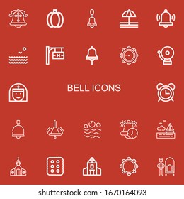 Bearbeitbar 22 Glockensymbole für Web und Mobile. GlockensSet inklusive Ikonen Linie Bell, Grüner Pfeffer, Alarm, Meer, Hotelsignal, Tambourine, Nun, Kirche, Cracker, Schule auf rotem Hintergrund