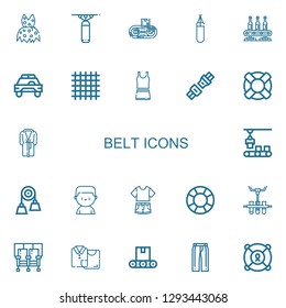 Editable 22 belt icons for web and mobile. Set of belt included icons line Clothing, Punching bag, Conveyor, Safety car, Cloth, Clothes, Seat belt, Lifesaver on white background